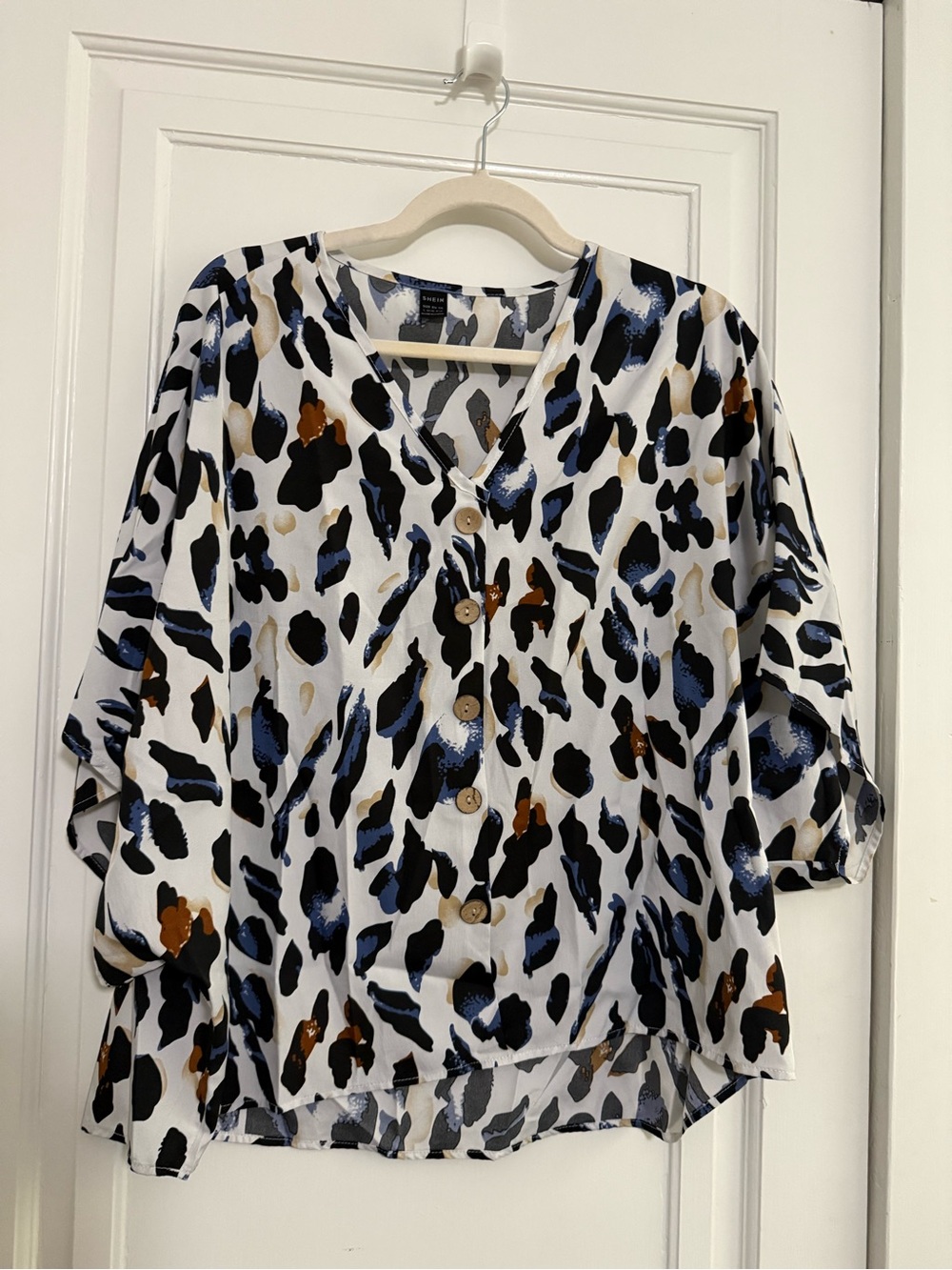 SHEIN White Animal Print Button-Down Blouse with Blue and Brown Accents